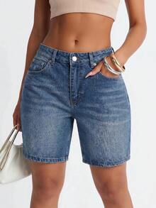 Women Mid Wash Denim Shorts Designed For Easy Everyday Styling And Effortless Casual Summer Looks. - Medium Wash - View 2