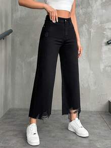 RueChic High Waist Raw Hem Wide Leg Jeans - Black - View 3
