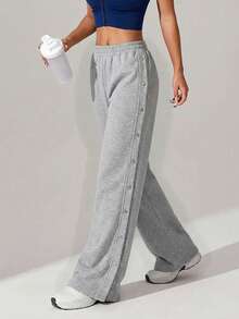 SHEIN Cottnline Button Side Slit Hem Wide Leg Pants - Grey - View 2