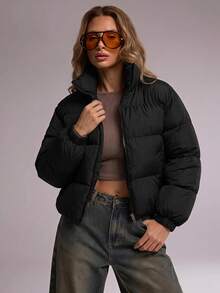 RueChic Slant Pockets Zip Up Puffer Coat - Black - View 1