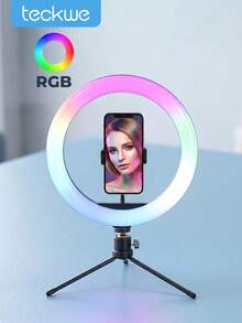 Teckwe RGB Ring Light With Mini Tripod Stand & Phone Holder, Dimmable Color Changing LED Selfie Circle Light, Portable Fill Lamp For Live Streaming Makeup Vlog Summer Outdoor Shooting - RGB fill light - View 1