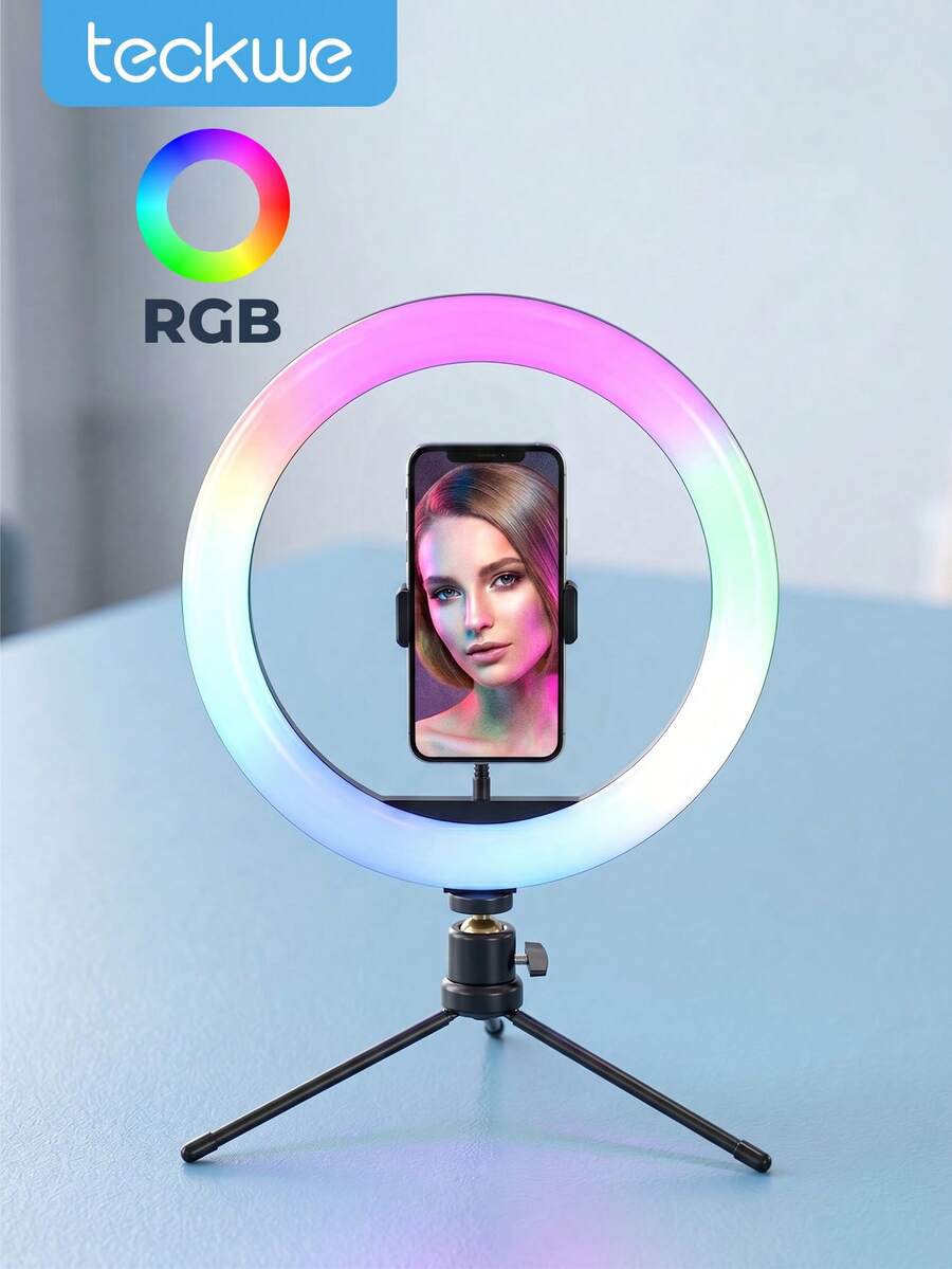 Teckwe RGB Ring Light With Mini Tripod Stand & Phone Holder, Dimmable Color Changing LED Selfie Circle Light, Portable Fill Lamp For Live Streaming Makeup Vlog Summer Outdoor Shooting - RGB fill light - View 1