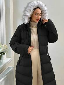 RueChic Slant Pocket Zip Fly Hooded Padded Coat - Black - View 5
