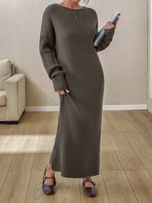 EURMUSE Boat Neck Ribbed Knit Midi Dress – Earthy Brown | Oversized Fit With Textured Stitch - Mocha Brown - View 3