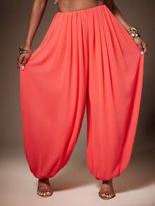 Vixey Chiffon Elastic Waistband Volume Bubble Hem Pants, Wedding Guest, Cocktail, Special Occasion, Figure-Flattering - Pink - View 1