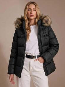 RueChic Fuzzy Trim Hooded Padded Coat - Black - View 1