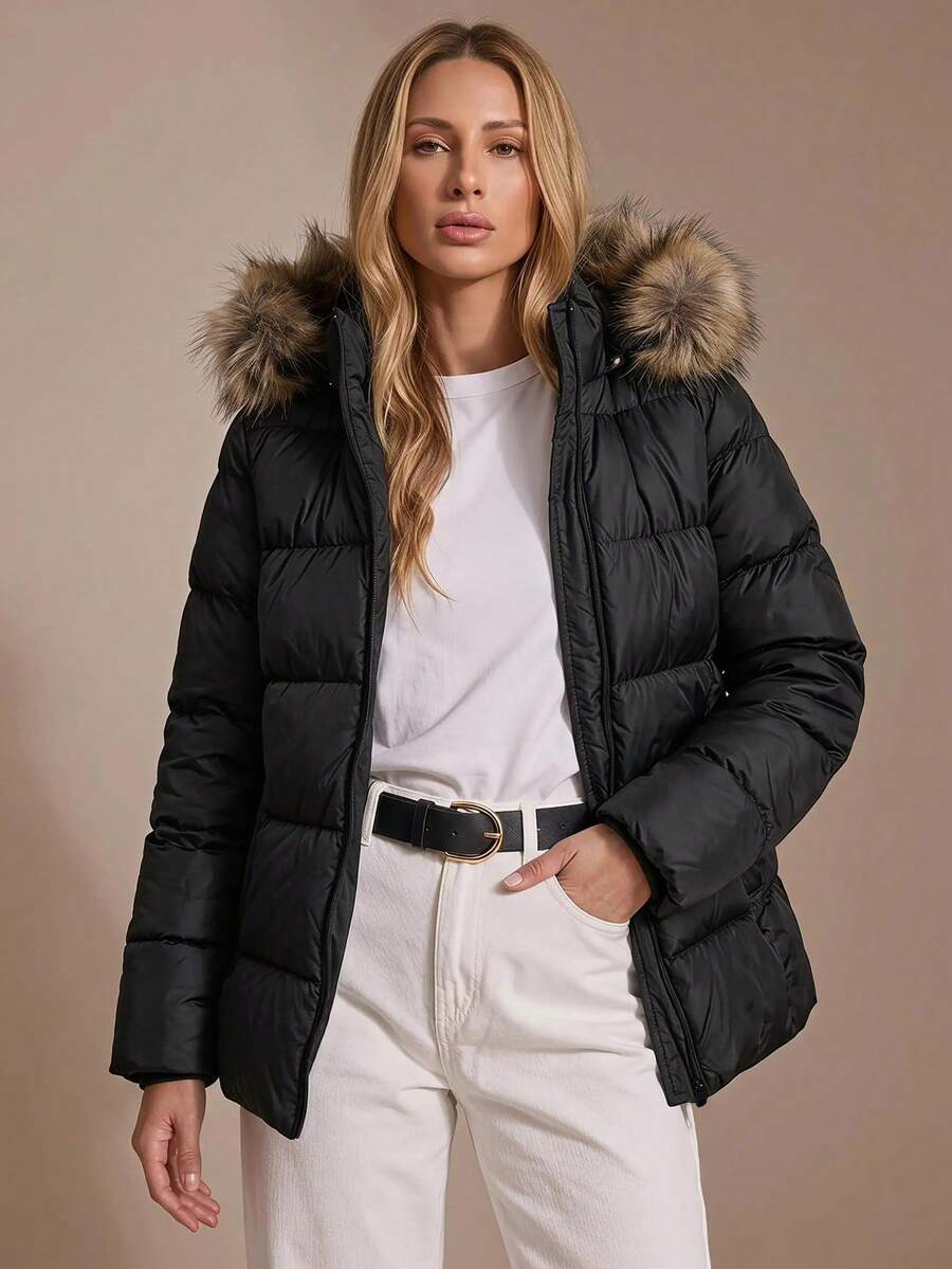 RueChic Fuzzy Trim Hooded Padded Coat - Black - View 1