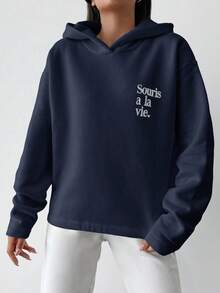 RueChic 100% Baumwolle Damen Hoodie mit Buchstaben-Muster - marineblau - Übersicht 6
