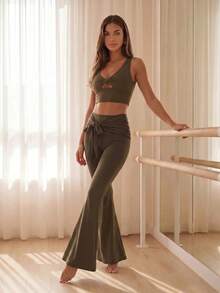 Eassivo Eassivo Women's Solid Color Pleated Tie-Up Fashion Flared Leg Sports Pants - Coffee Brown - View 5