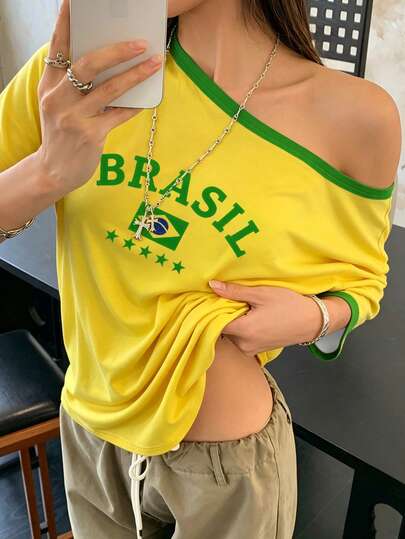 INAWLY 女款字母印花不對稱領短袖寬鬆休閒T恤圖案上衣