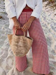 Vaclyn Women's Casual Vacation Style Wide Leg Long Pants - Red - View 4