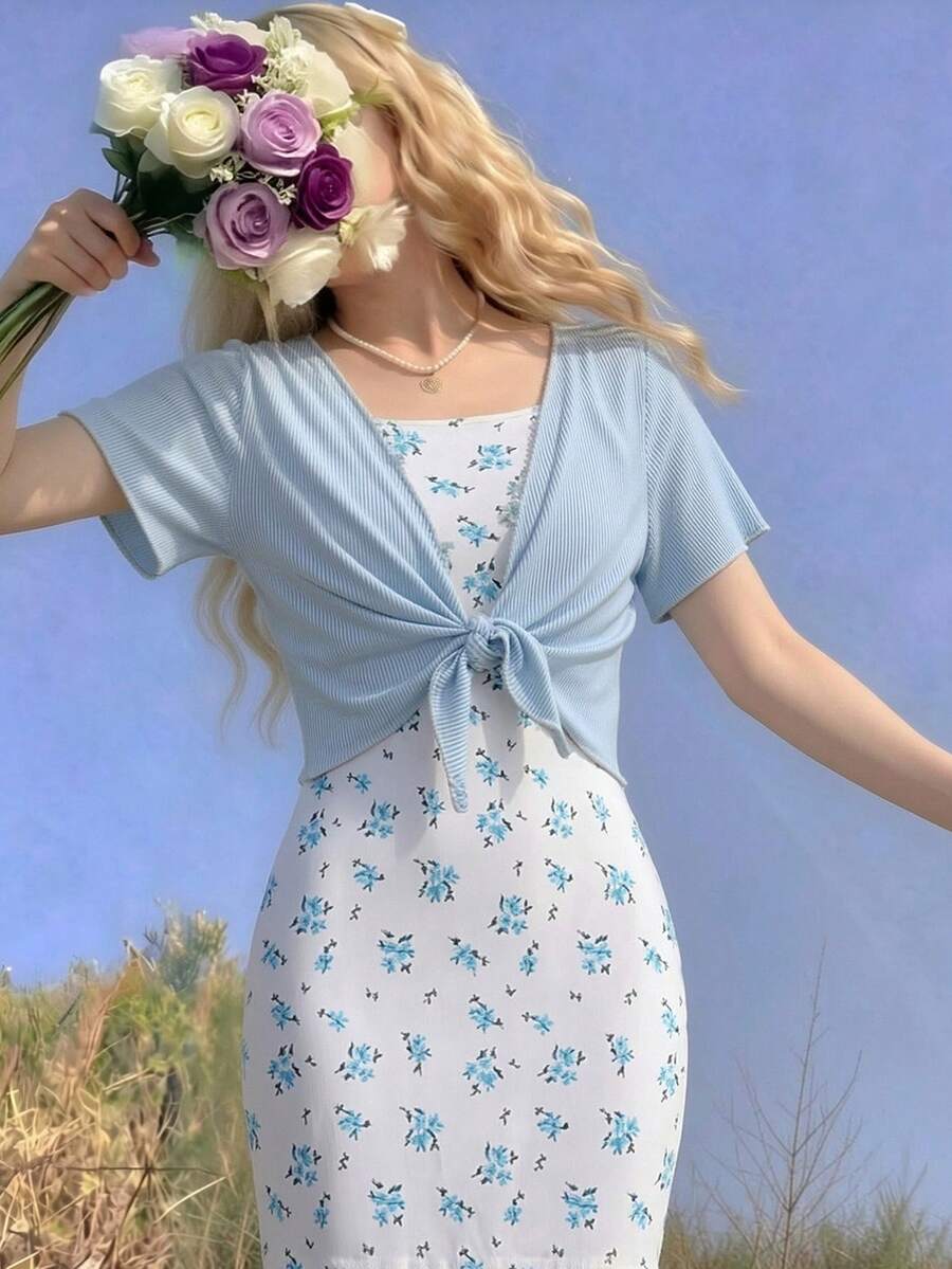 2pcs/Set Tween Girls Spring/Summer New Elegant Knitted Ribbed Cardigan Top And Knitted Floral Digital Print Cami Waist-Cinching Dress Casual Daily Outing - Blue - View 1