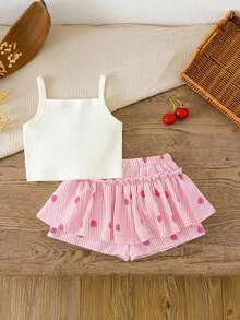 Emery Rose Kids Emery Rose Kids 女童草莓印花吊带背心和短裤套装 - 粉色 - 查看 4