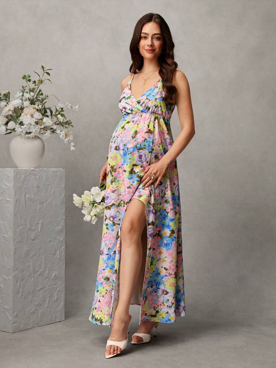 SHEIN 春夏優雅孕婦花卉印花洋裝,浪漫花卉印花洋裝,高開衩洋裝 - 彩色 - 查看 1