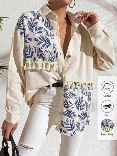 EURMUSE 100%Cotton Plant Print Fringed Drop Shoulder Sleeve Shirt