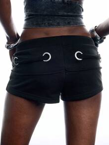 LYSMO Women's Solid Color Drawstring Waist Eyelet Design Casual Sexy Shorts Night Black Summer - Black - View 2