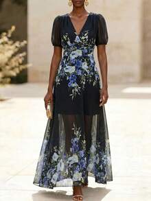 Velvienne Summer Gentle Style Floral Chiffon Deep V-Neck Design Plus Size Dress - Black - View 1