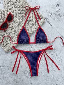Swim Mod Set Bikini Segitiga Halter Seksi Motif Bunga Hijau Terbaru untuk Wanita Musim Panas - Navy Blue - View 3