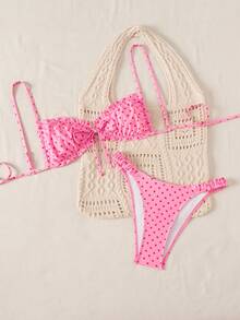 Swim Mod Spring/Summer Polka Dot Print Bikini Swimsuit For Women, Sexy Beach Vacation Swimwear With Double Shoulder Straps - Pink - View 6