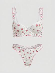 lacRébo White And Pink Floral Printed Mesh Underwired Bra And Matching Ruffled Tanga Cute Lingerie Set - Multicolor - View 7