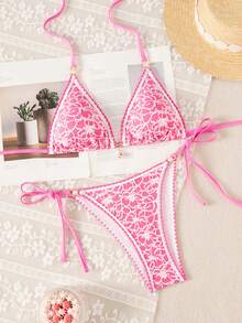 Swim Mod Women's Summer Beach All-Over Print Halter Tie Sexy Bikini And Triangle Bottom Two-Piece Swimsuit Set - Pink - View 4