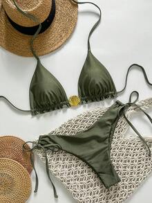 Swim Vcay Springbreak Women's Summer Solid Color Spaghetti Strap Metal Shell Decor Side Tie Minimalist Bikini Set - Army Green - View 3