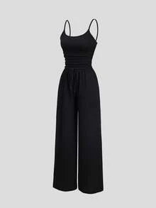 Sweetra Frühling Sommer Mode Design Camisole Tank Top Lässig Basic Minimalistisch Sportlich Strick Bequem Jumpsuit Urlaub Schwarz - Schwarz - Übersicht 3