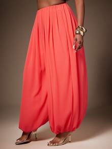 Vixey Chiffon Elastic Waistband Volume Bubble Hem Pants, Wedding Guest, Cocktail, Special Occasion, Figure-Flattering - Pink - View 4