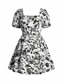 ROMWE White Black Snake Vine Leaf Print Low Neckline Luxurious 70's Roaring 20s Vintage Gothic Court Style Plus Size Dress Halloween Night Party Summer - Black - View 5