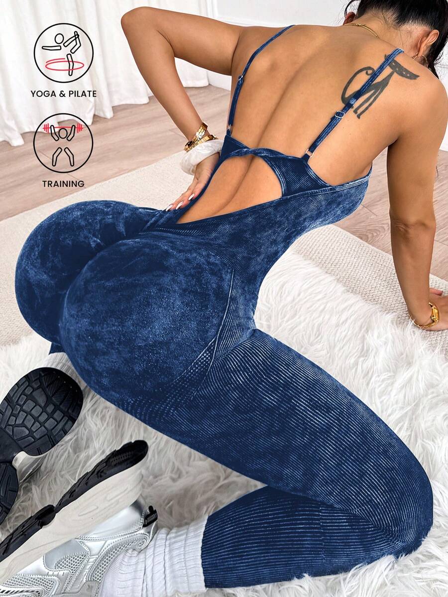Slayform Slayform 1件女款磨砂水洗圓領前扭結連身褲 無縫健身連身衣 運動連身褲 健身房連身褲 一件式運動連身褲