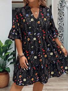 Breezaya Plus Size Women Summer Branch Floral V-Neck Ruffle Hem Loose Dress - Black - View 1