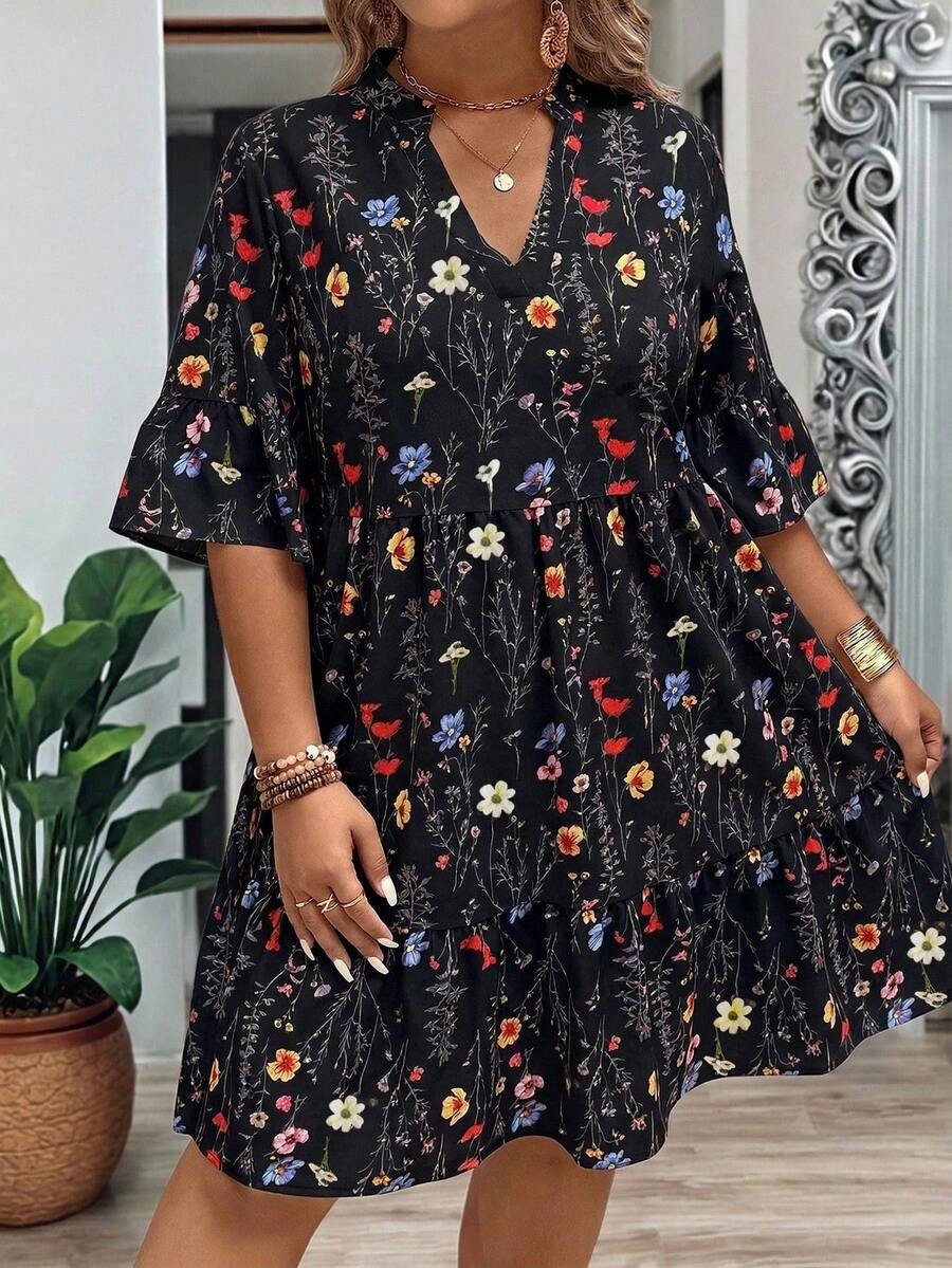Breezaya Plus Size Women Summer Branch Floral V-Neck Ruffle Hem Loose Dress - Black - View 1