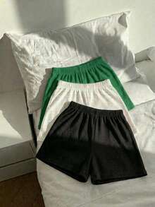 Set Of Three Ribbed Shorts High Shot Elastic Waist Basic Plain Casual Urban Shorts - negro blanco verde - View 2