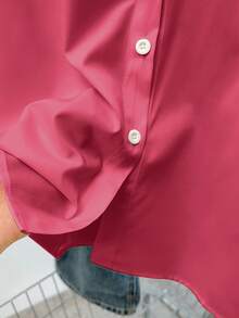 INAWLY Women's Casual Versatile Solid Color Long Sleeve Shirt - Rose Red - View 5