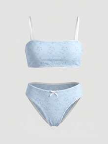 lacRébo Blue Broidery Anglaise Stretch Bandeau Bralette With Matching Knicker Cute Lingerie Set - Blue - View 7