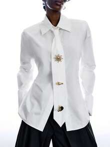 LYSMO Women's Solid Color Metal Decor Casual Elegant Versatile Daily Outing Office Shirt Teachers' Day White Autumn - White - View 8