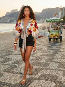 CAJUNI Women's Vacation Floral Geometric Print Tie-Front Fashion Top Beach White Summer Boho Sexy Casual - Multicolor - View 3