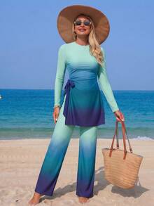 Swim Mulvari Turquoise Gradient Loose Two Pieces Set, Gradient Design Wide Leg Pants, Flattering Slimming Slouchy Outfit Beach Summer Modest - Multicolor - View 5