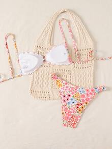 Swim Mod Spring/Summer White Print Bikini Women's Beach Vacation Vacation Swimsuit Sexy Tropical Beach Swimwear With Double Shoulder Straps - Pink - View 2