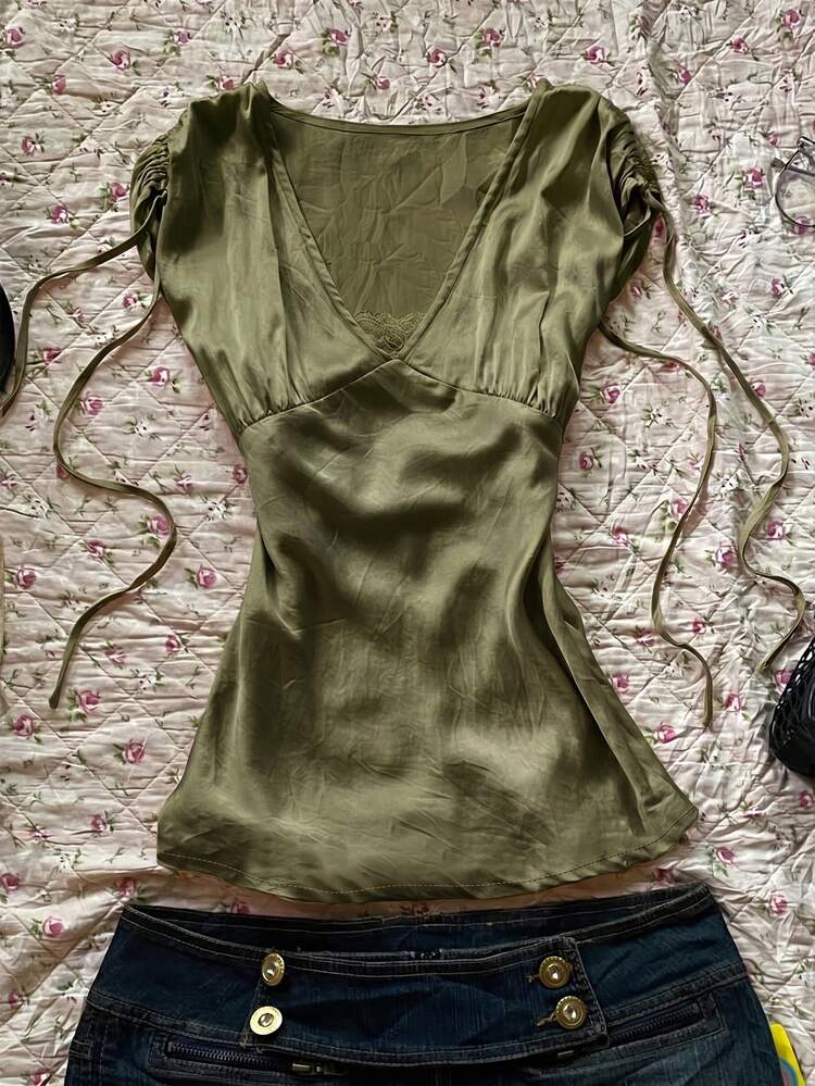 INAWLY Women's Satin Solid Color Shoulder Drawstring Elegant Top - Dark Green - View 1