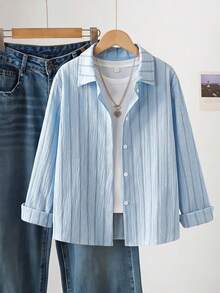 SHEIN 青少年女孩寬鬆休閒度假襯衫，可愛風格，適合學校、返校季 - 淺藍色 - 查看 1