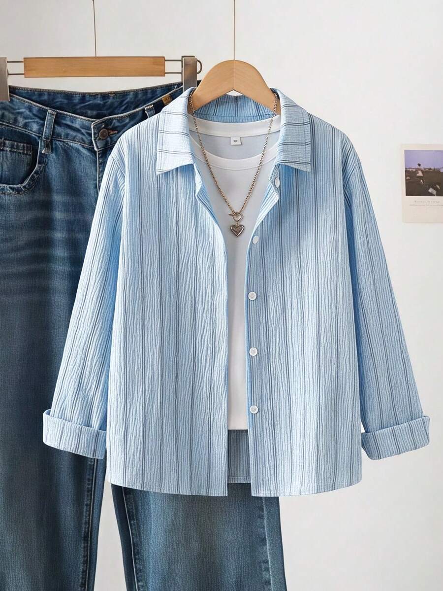 SHEIN 青少年女孩寬鬆休閒度假襯衫,可愛風格,適合學校、返校季 - 淺藍色 - 查看 1