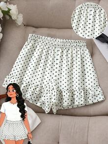 GlowEve CURVE Plus Size Chiffon Polka Dot Fabric Ruffle Hem Lined Elastic Waist Casual Outing Daily Commute Date Party Shorts - Black and White - View 1