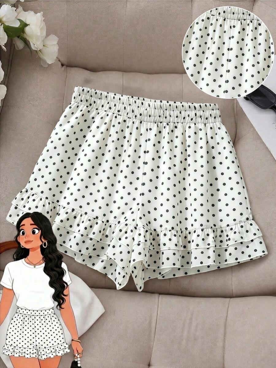 GlowEve CURVE Plus Size Chiffon Polka Dot Fabric Ruffle Hem Lined Elastic Waist Casual Outing Daily Commute Date Party Shorts - Black and White - View 1