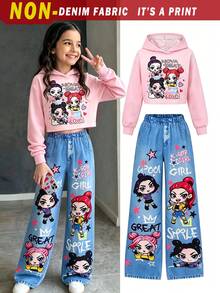 青少年女孩休閒百搭日常趣味塗鴉圖案連帽短版衛衣 + 牛仔風塗鴉寬鬆長褲套裝 - 藍色 - 查看 2