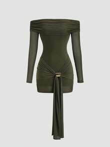 Sweetra Spring/Summer Women's Elegant Green Mesh Off-Shoulder Long Sleeve Fitted Short Dress With Premium Metal Button Decor, Army Green - Army Green - View 3