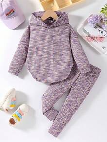 Elladie kids 2 件套少女糖果色彩虹连帽上衣和松紧腰宽松柔软针织裤，春秋 - 藏蓝色 - 查看 2