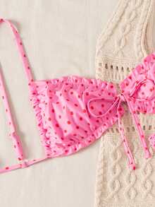 Swim Mod Spring/Summer Polka Dot Print Bikini Swimsuit For Women, Sexy Beach Vacation Swimwear With Double Shoulder Straps - Pink - View 4