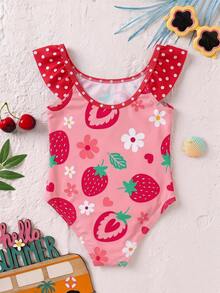 SHEIN 女童花卉草莓印花抓皺連身泳衣，適合海灘度假、泳池派對、海灘派對 - 紅白色 - 查看 3
