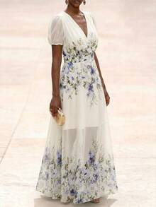 Velvienne Summer Gentle Style Floral Chiffon Deep V-Neck Design Plus Size Dress - Apricot - View 5